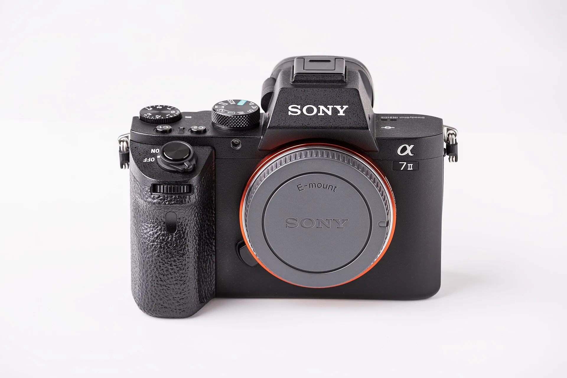 A black Sony a7 II body with its body cap fitted, seen from the front on a light grey background